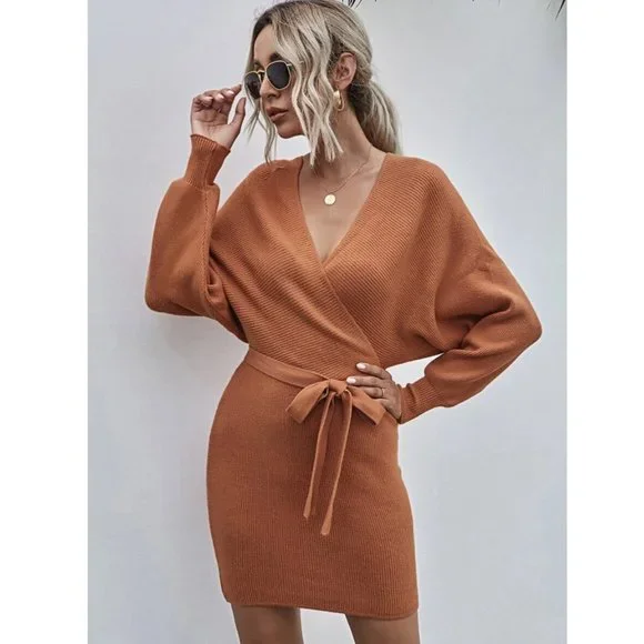 open lace back dress SheIn Solid Ruched Wrap Hem Dress, M1482586, Burnt Orange, L: Buy Online at  Best Price in Egypt main image 0